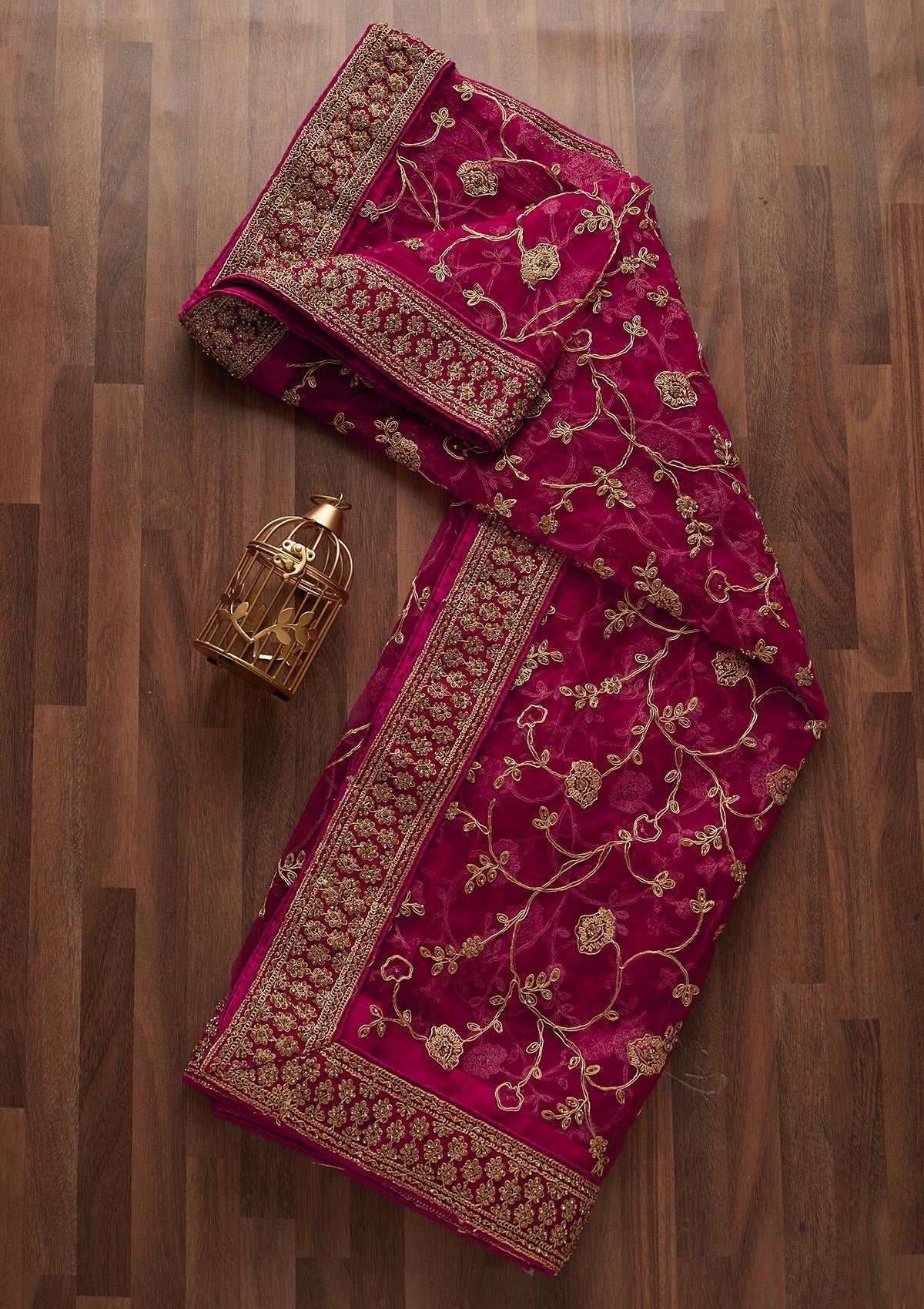 Rani Pink Stonework Net Designer Dupatta - Koskii