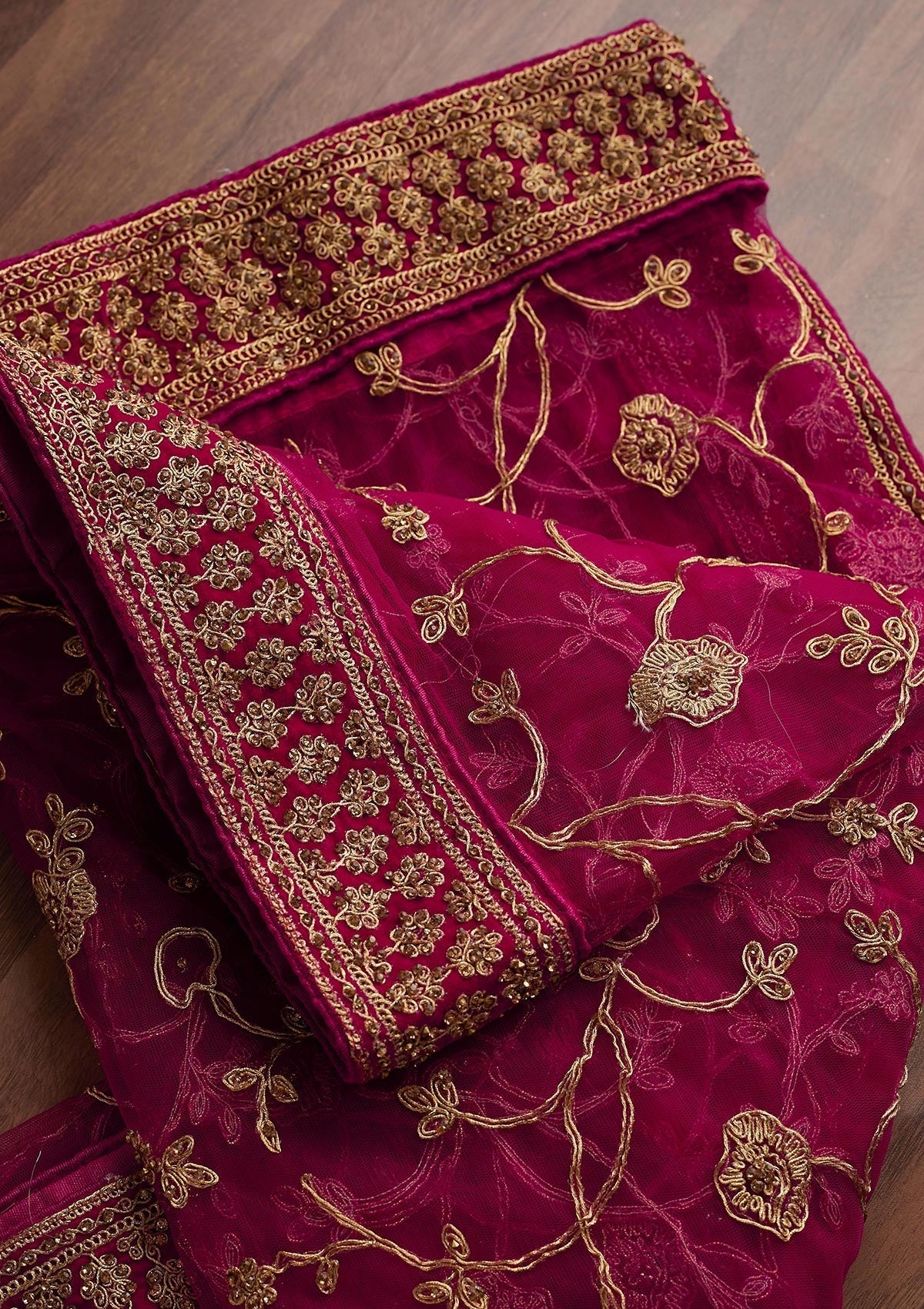 Rani Pink Stonework Net Designer Dupatta - Koskii