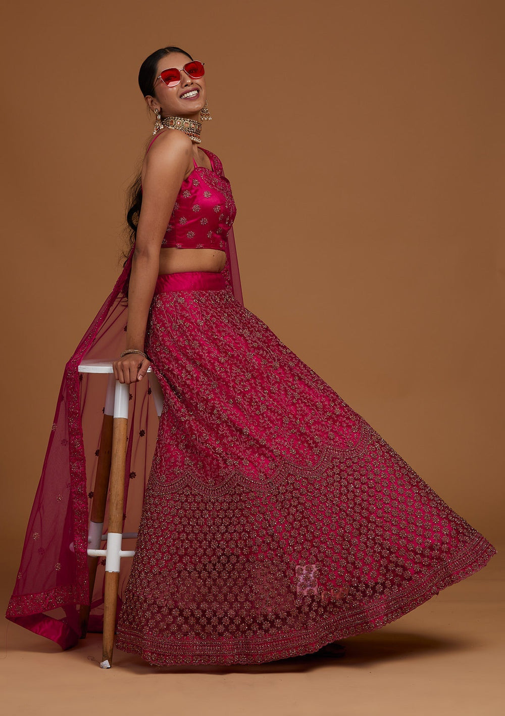 Rani Pink Stonework Net Designer Lehenga-Koskii