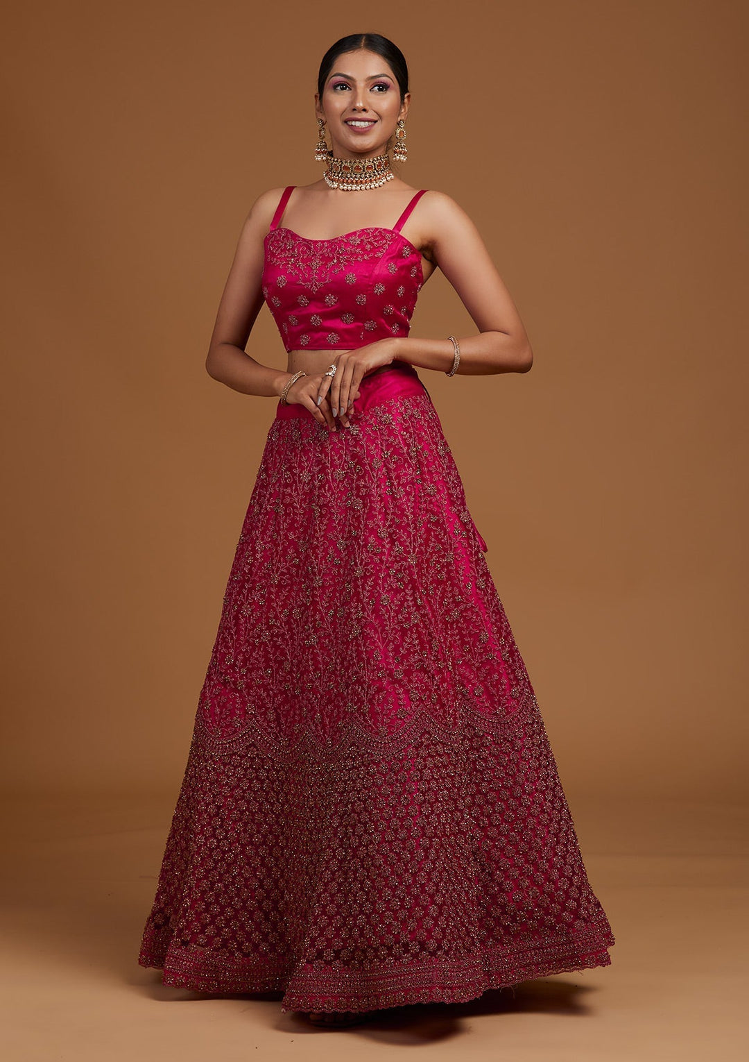 Rani Pink Stonework Net Designer Lehenga-Koskii