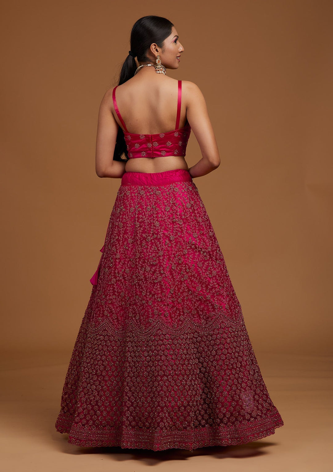Rani Pink Stonework Net Designer Lehenga-Koskii