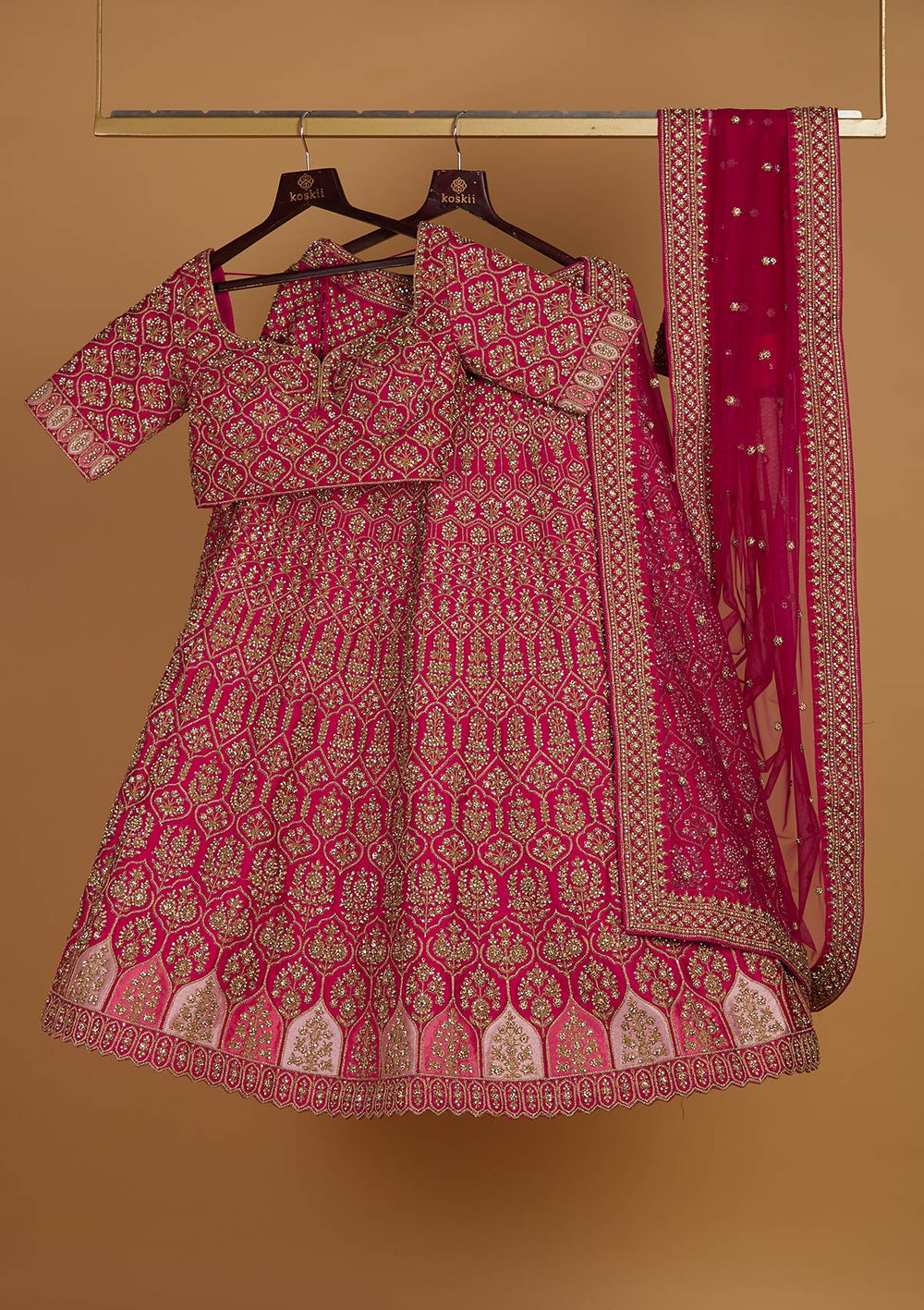 Rani Pink Stonework Raw Silk Designer Readymade Lehenga - Koskii