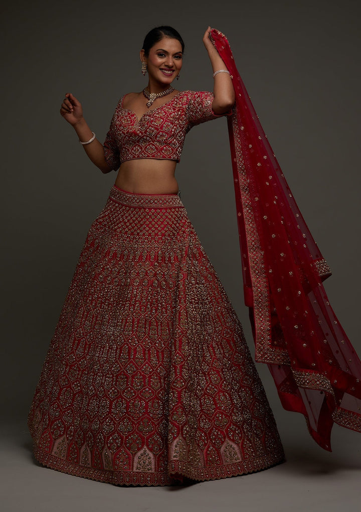 Rani Pink Stonework Raw Silk Designer Readymade Lehenga - Koskii