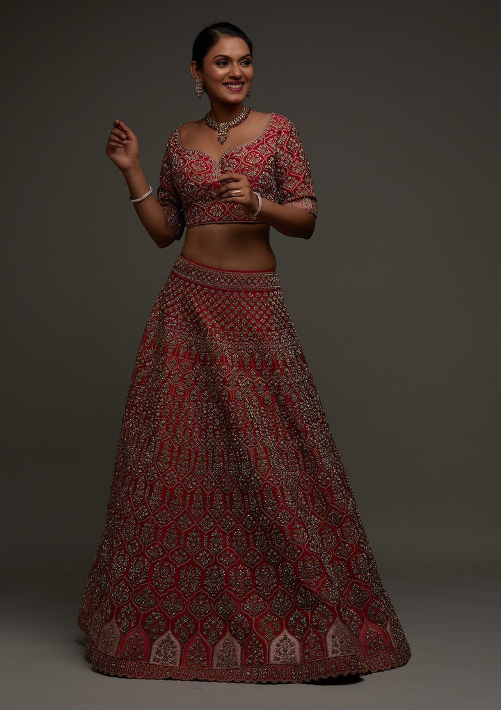 Rani Pink Stonework Raw Silk Designer Readymade Lehenga - Koskii