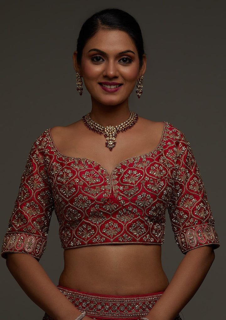 Rani Pink Stonework Raw Silk Designer Readymade Lehenga - Koskii