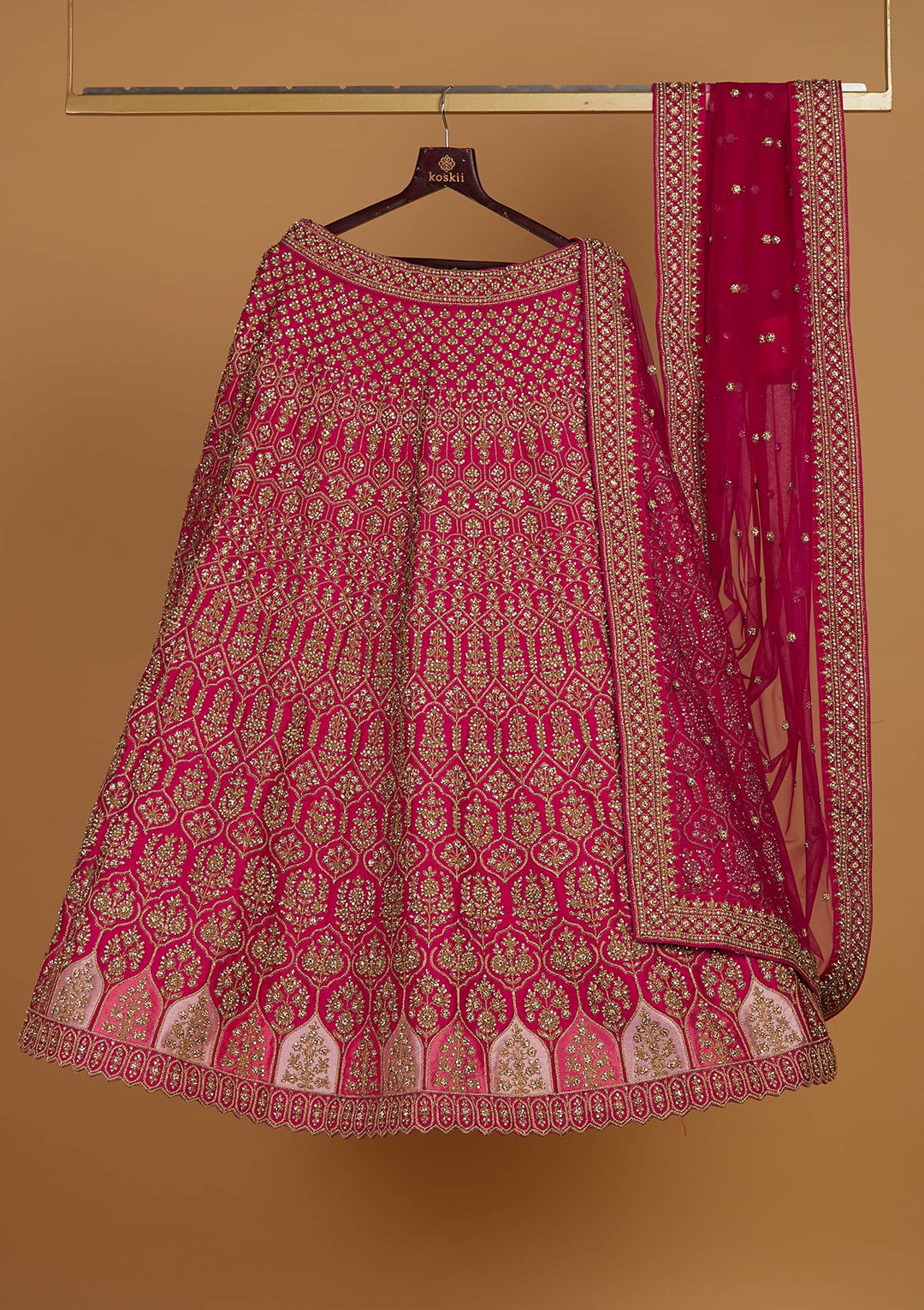 Rani Pink Stonework Raw Silk Designer Readymade Lehenga - Koskii