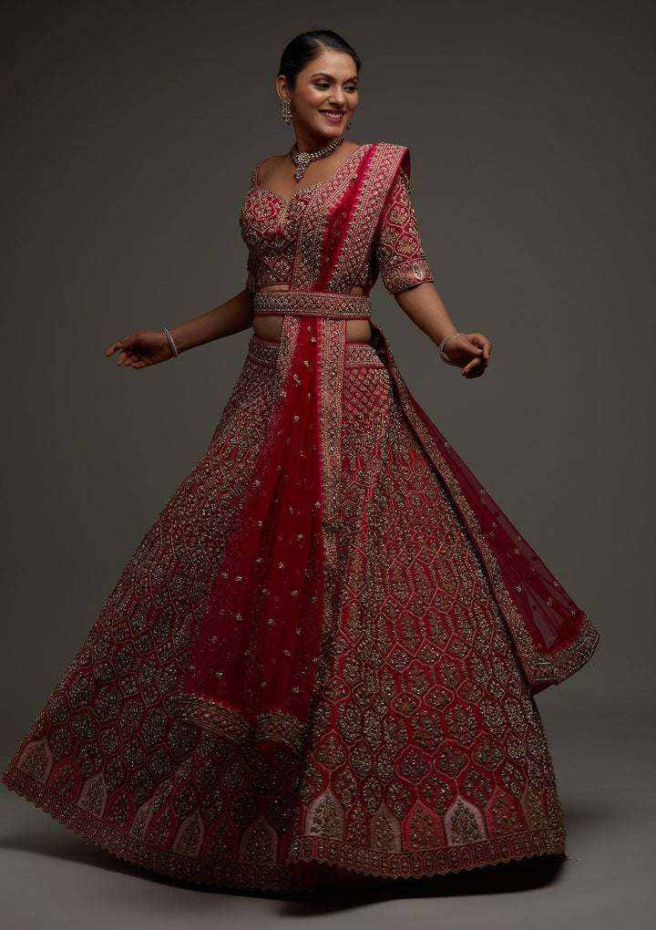 Rani Pink Stonework Raw Silk Designer Readymade Lehenga - Koskii