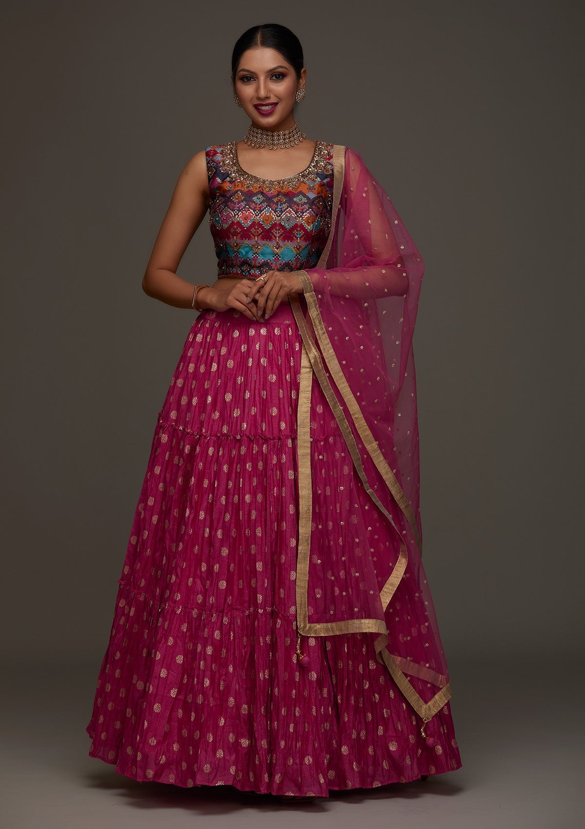 Rani Pink Stonework Raw Silk Designer Lehenga- Koskii
