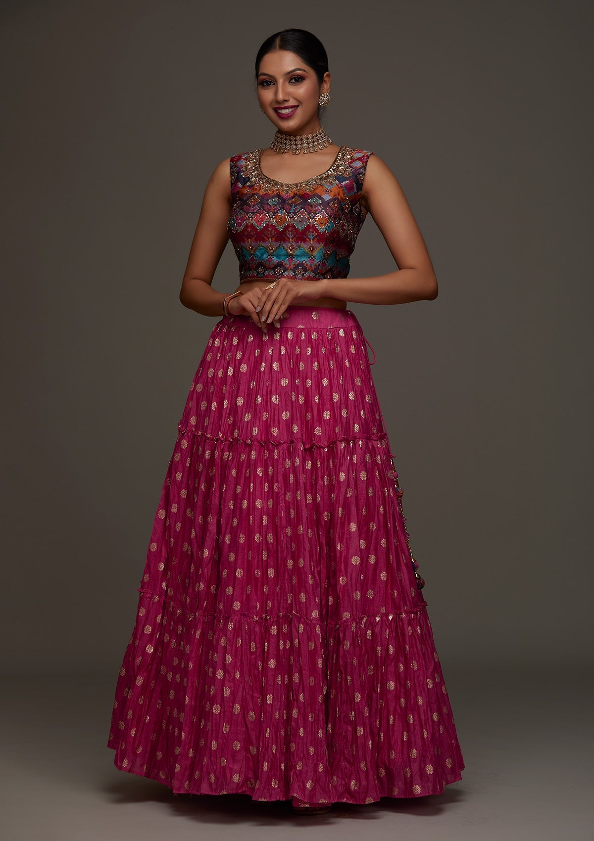 Rani Pink Stonework Raw Silk Designer Lehenga - Koskii