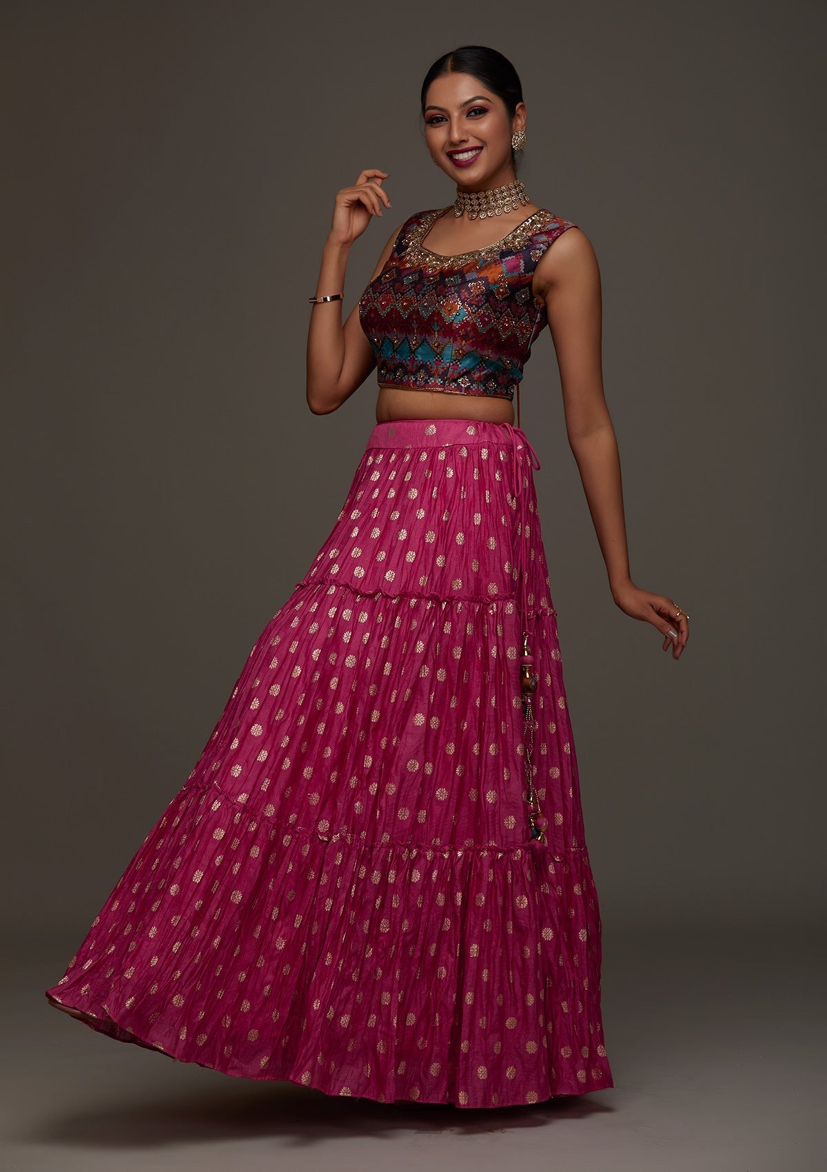 Rani Pink Stonework Raw Silk Designer Lehenga - Koskii
