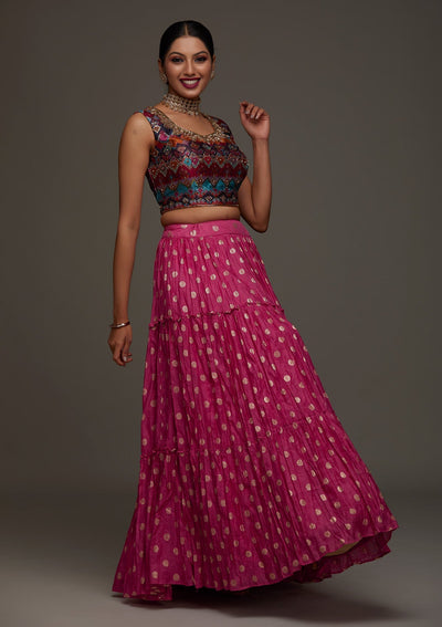 Rani Pink Stonework Raw Silk Designer Lehenga - Koskii