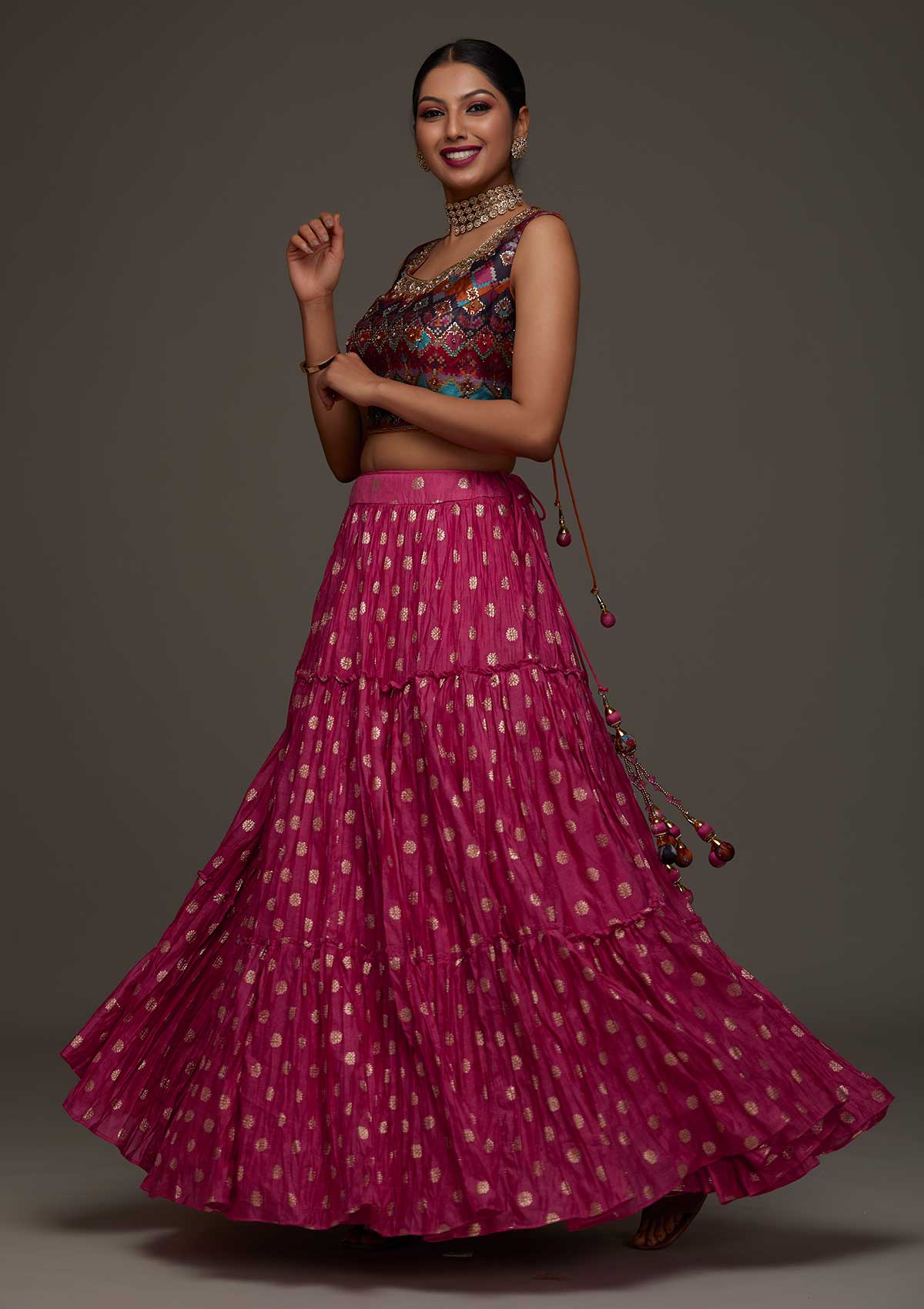 Rani Pink Stonework Raw Silk Designer Lehenga - Koskii
