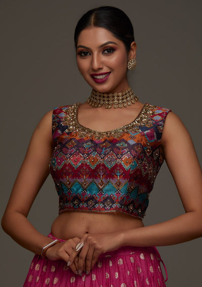Rani Pink Stonework Raw Silk Designer Lehenga - Koskii