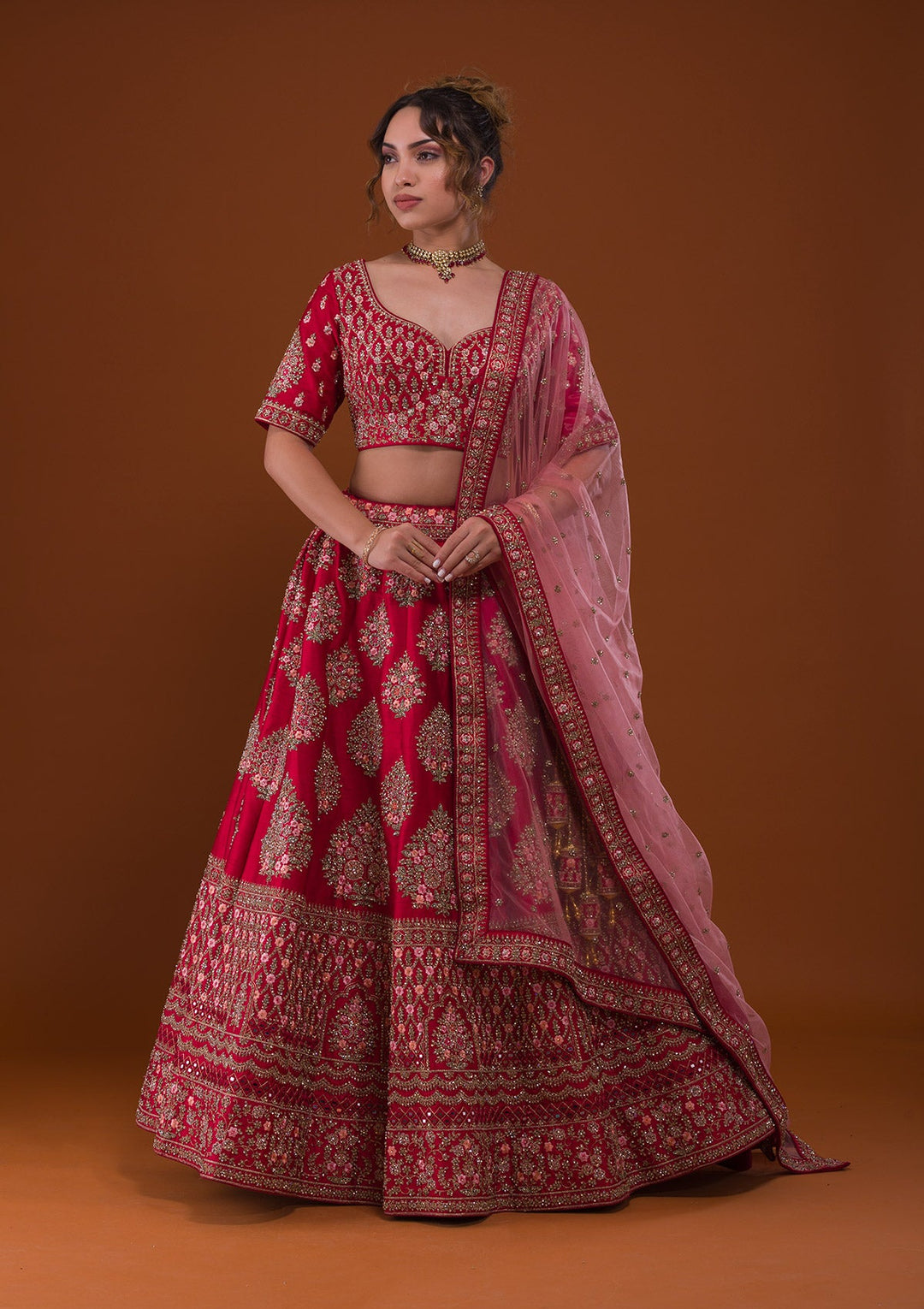 Rani Pink Stonework Raw Silk Designer Lehenga-Koskii