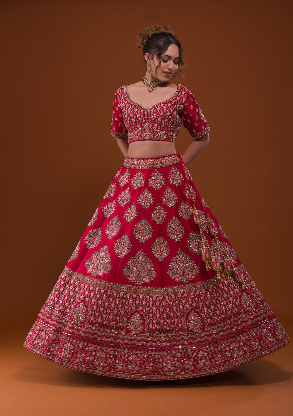 Rani Pink Stonework Raw Silk Designer Lehenga-Koskii