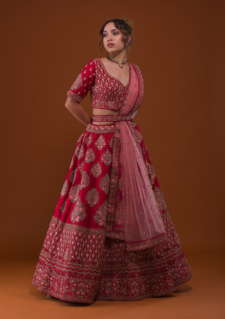 Rani Pink Stonework Raw Silk Designer Lehenga-Koskii