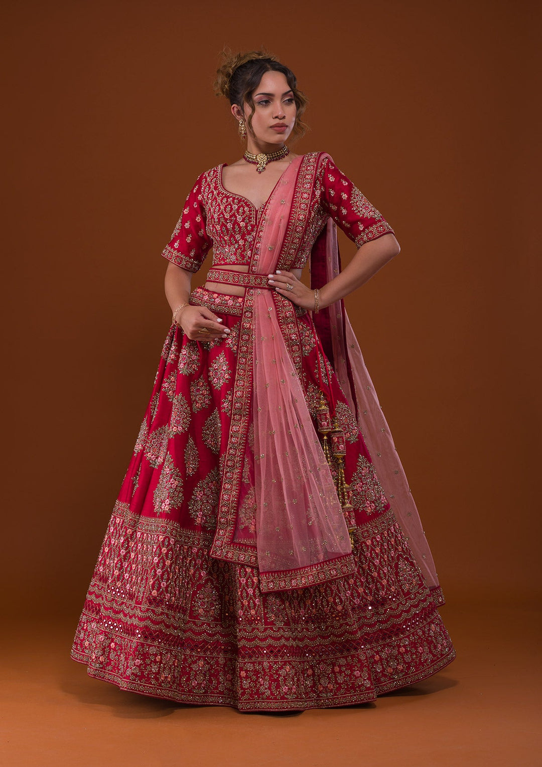 Rani Pink Stonework Raw Silk Designer Lehenga-Koskii