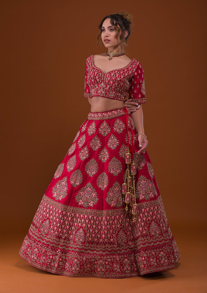 Rani Pink Stonework Raw Silk Designer Lehenga-Koskii