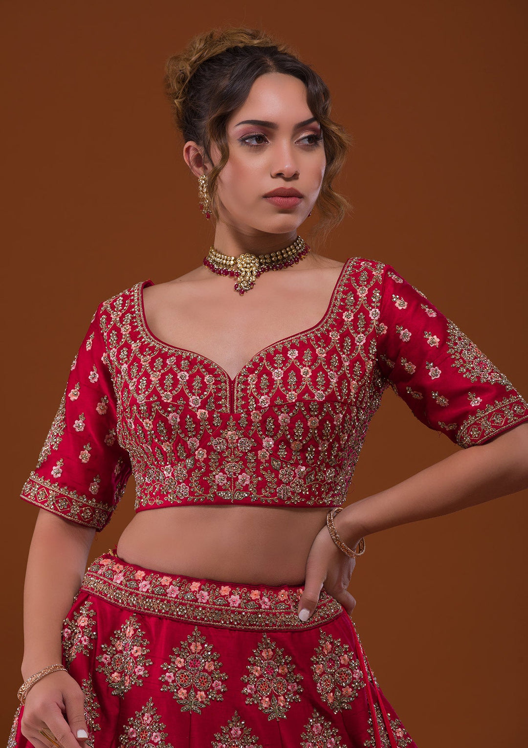 Rani Pink Stonework Raw Silk Designer Lehenga-Koskii