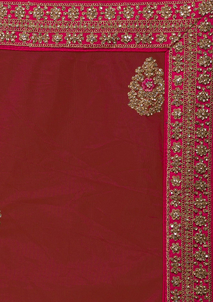 Rani Pink Stonework Raw Silk Designer Lehenga-Koskii
