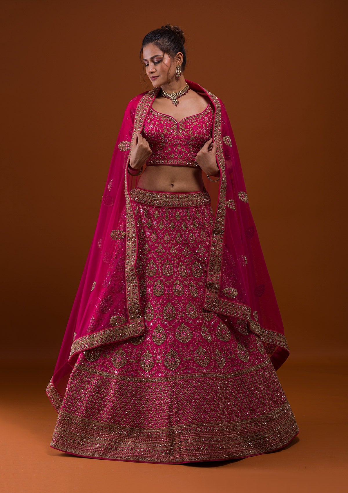 Rani Pink Stonework Raw Silk Designer Lehenga-Koskii