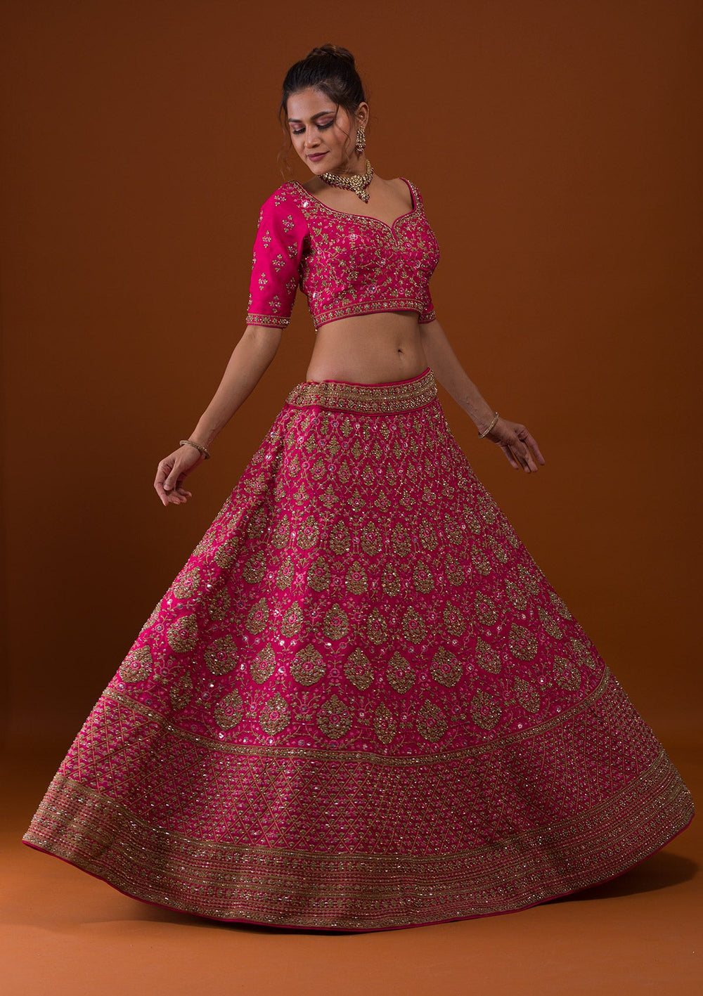 Rani Pink Stonework Raw Silk Designer Lehenga-Koskii