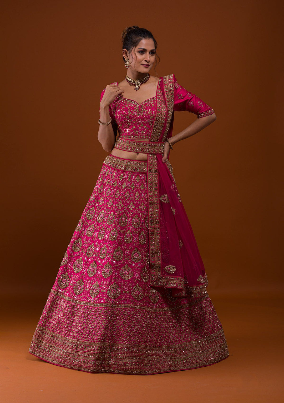 Rani Pink Stonework Raw Silk Designer Lehenga-Koskii