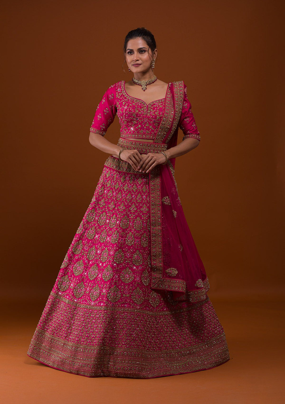 Rani Pink Stonework Raw Silk Designer Lehenga-Koskii