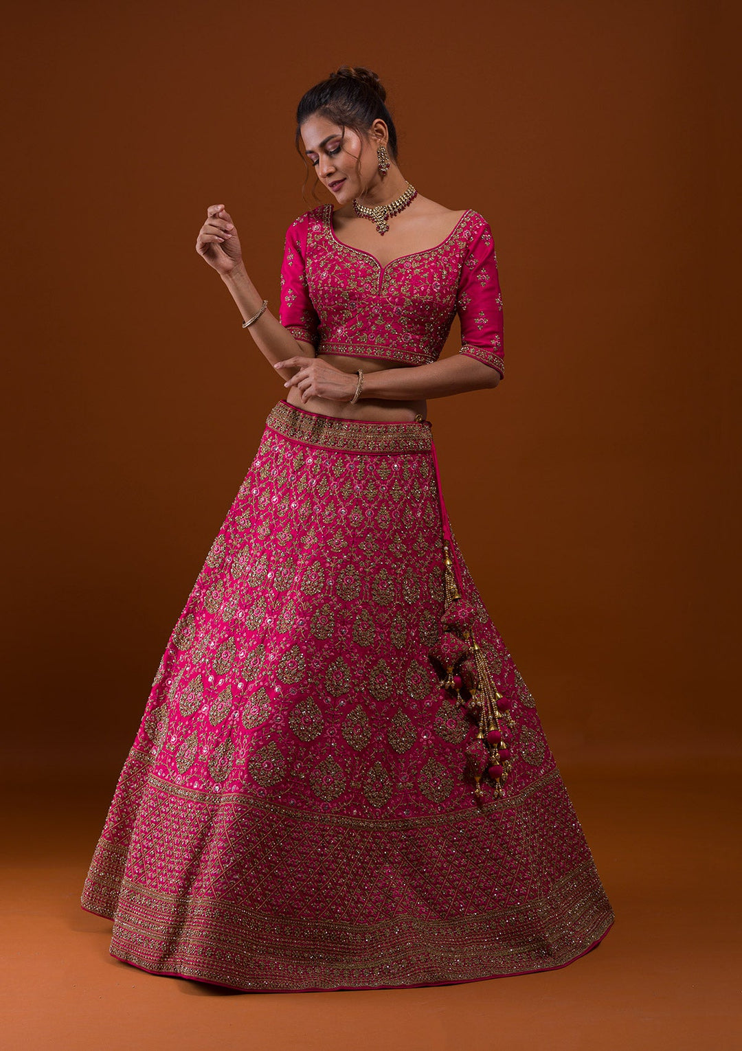 Rani Pink Stonework Raw Silk Designer Lehenga-Koskii