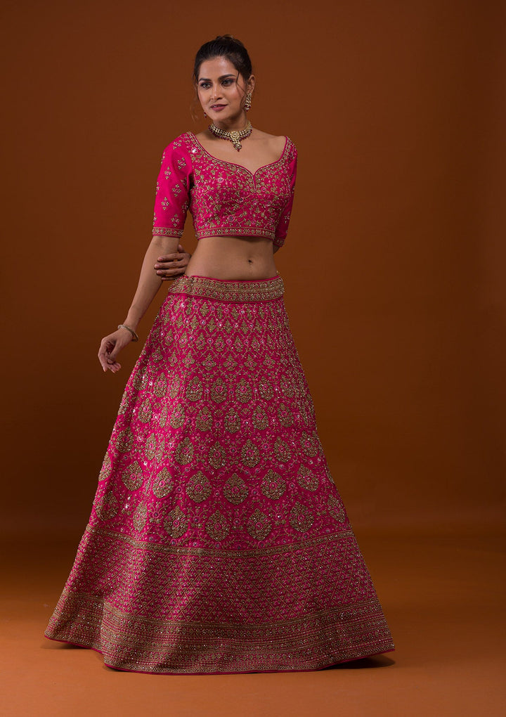 Rani Pink Stonework Raw Silk Designer Lehenga-Koskii