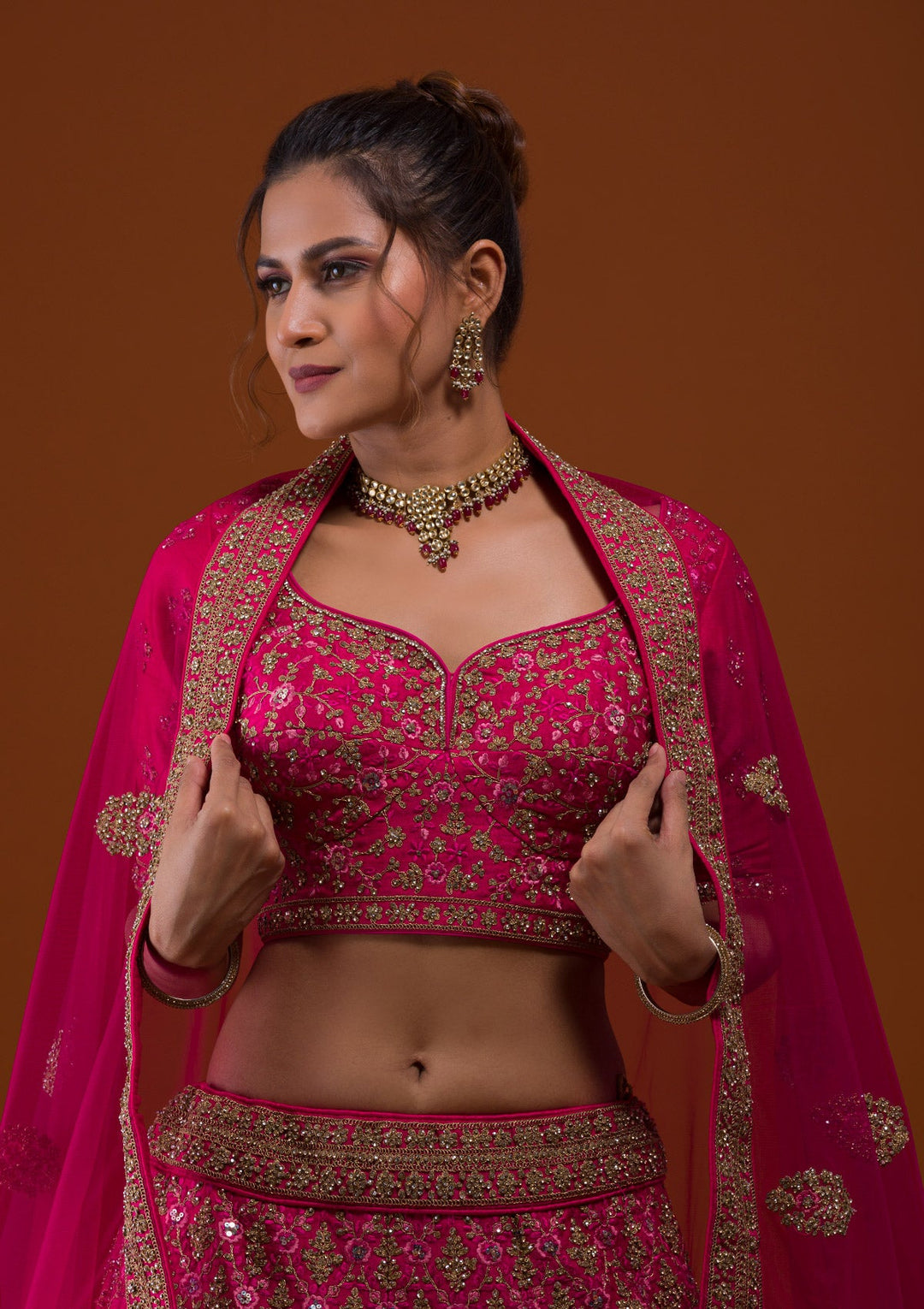 Rani Pink Stonework Raw Silk Designer Lehenga-Koskii