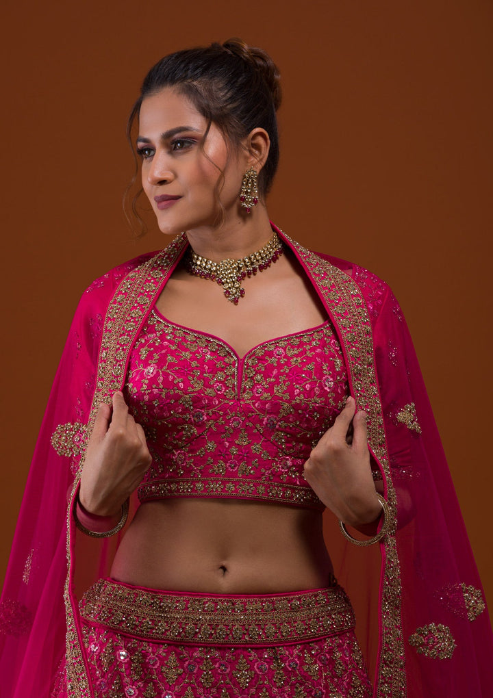 Rani Pink Stonework Raw Silk Designer Lehenga-Koskii