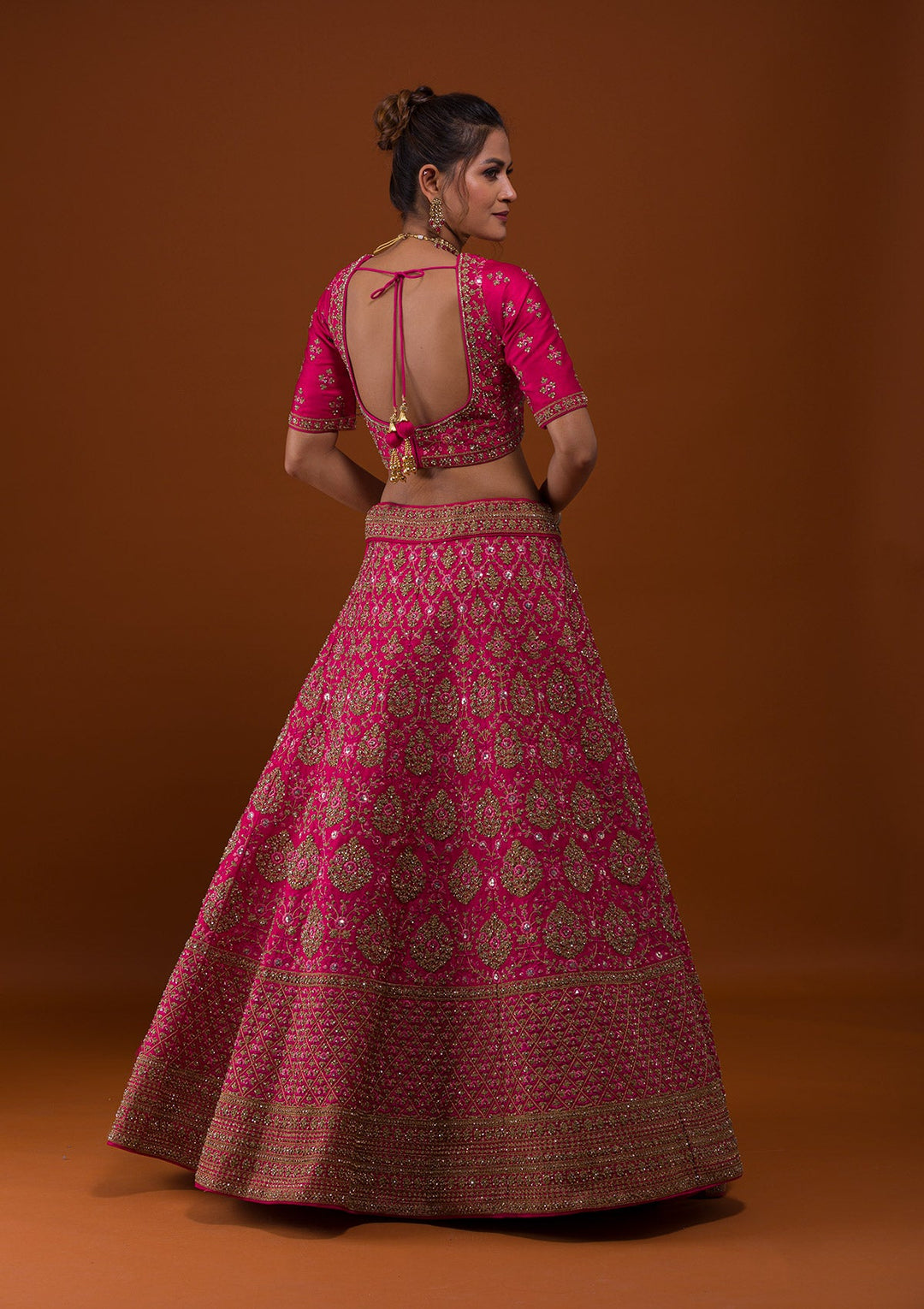 Rani Pink Stonework Raw Silk Designer Lehenga-Koskii