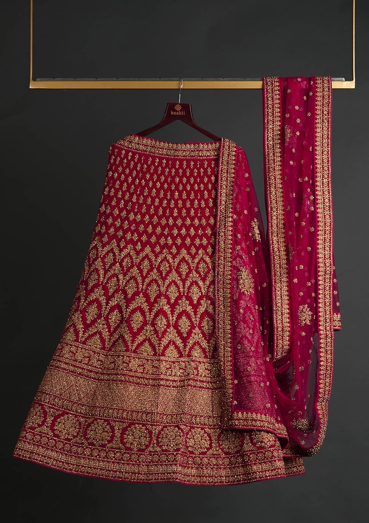 Rani Pink Stonework Raw Silk Designer Semi-Stitched Lehenga - koskii