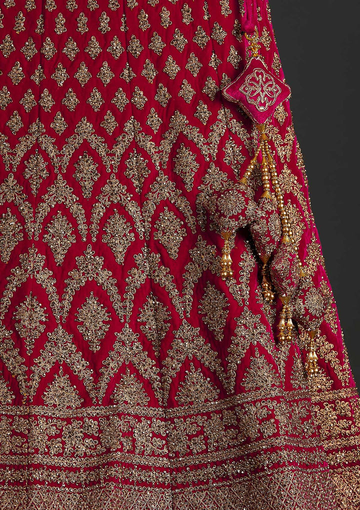 Rani Pink Stonework Raw Silk Designer Semi-Stitched Lehenga - koskii