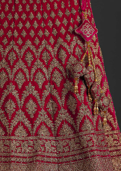Rani Pink Stonework Raw Silk Designer Semi-Stitched Lehenga - koskii