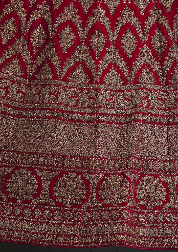 Rani Pink Stonework Raw Silk Designer Semi-Stitched Lehenga - koskii