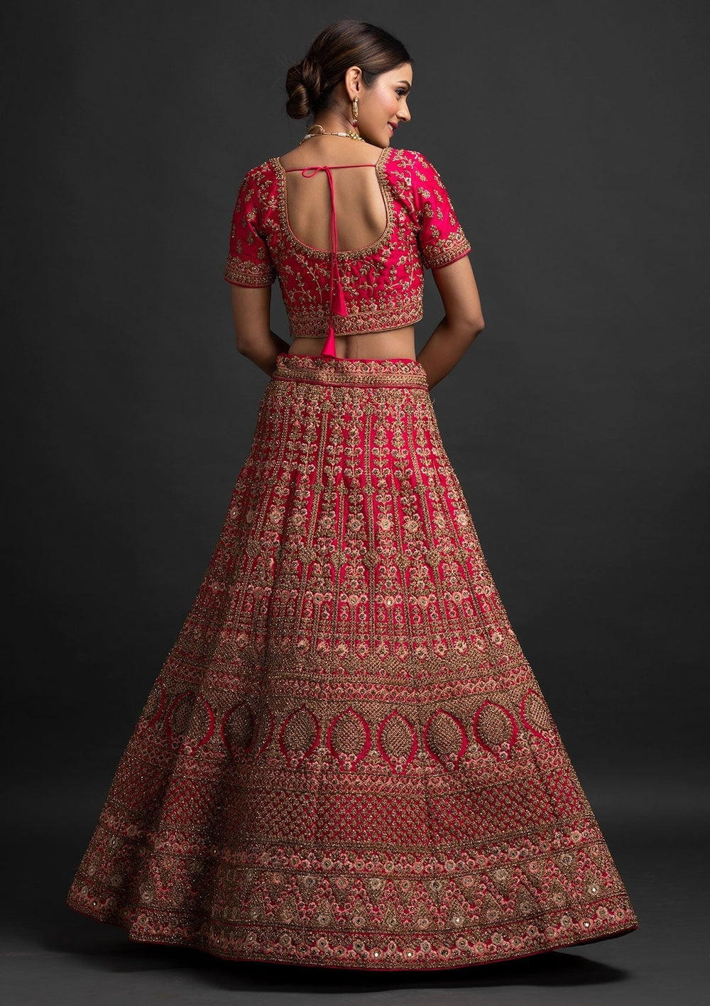 Rani Pink Stonework Raw Silk Designer Semi-Stitched Lehenga - koskii