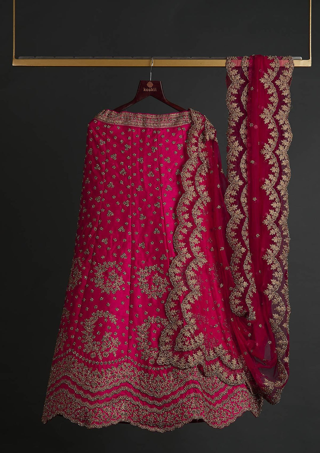 Rani Pink Stonework Raw Silk Designer Semi-Stitched Lehenga - koskii