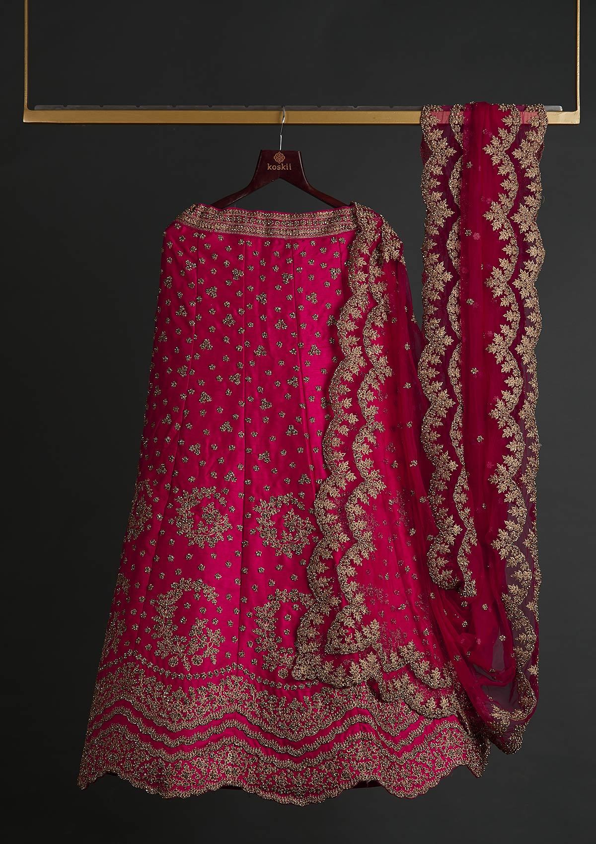 Rani Pink Stonework Raw Silk Designer Semi-Stitched Lehenga - koskii