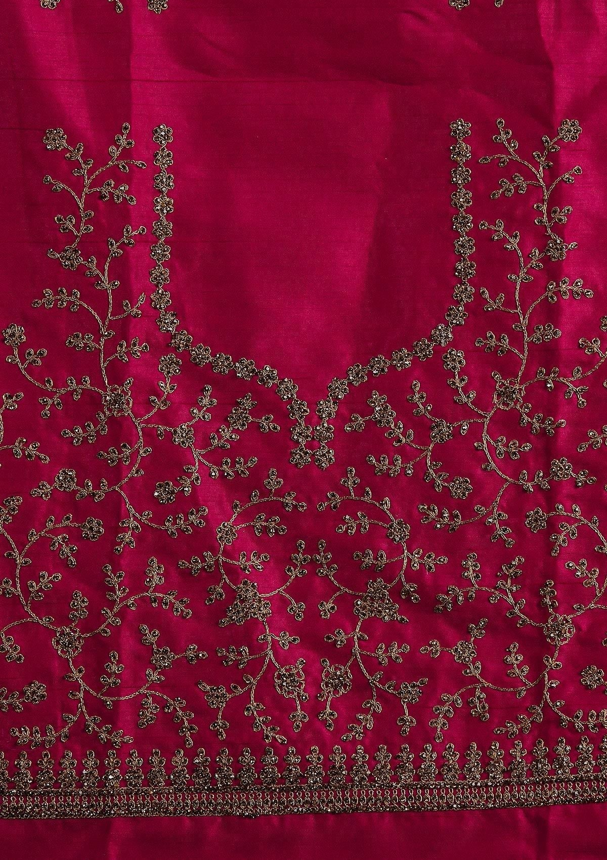 Rani Pink Stonework Raw Silk Designer Semi-Stitched Lehenga - koskii