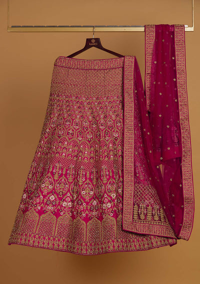 Rani Pink Stonework Raw Silk Designer Semi-Stitched Lehenga - Koskii