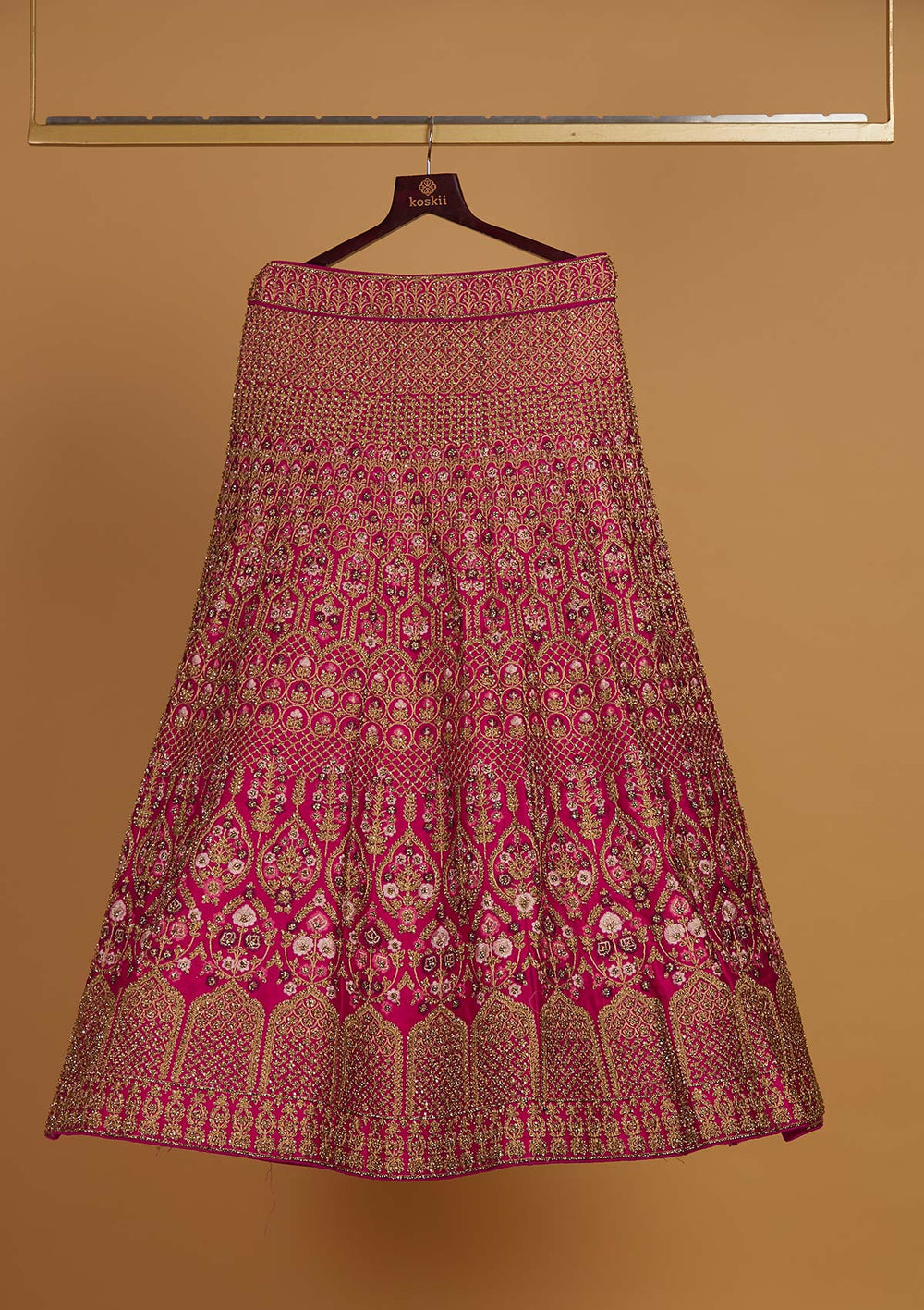 Rani Pink Stonework Raw Silk Designer Semi-Stitched Lehenga - Koskii