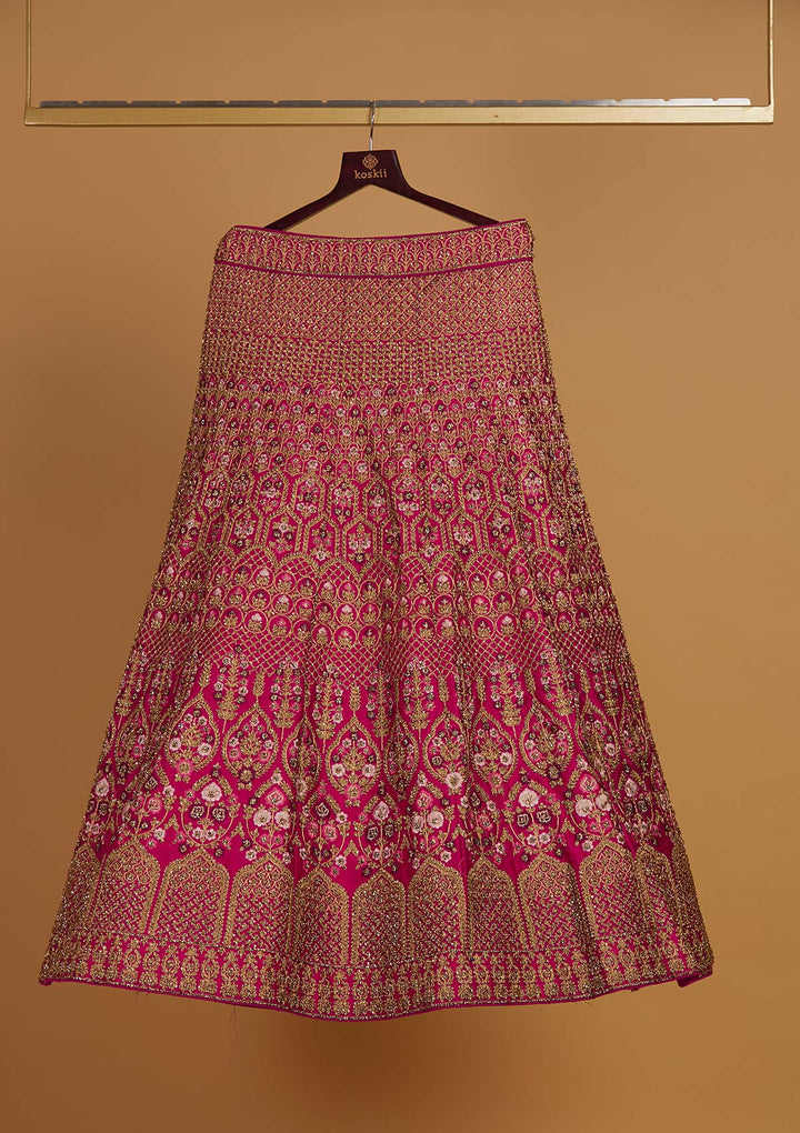 Rani Pink Stonework Raw Silk Designer Semi-Stitched Lehenga - Koskii