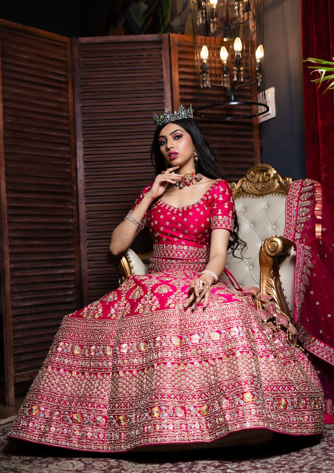 Rani Pink Stonework Raw Silk Designer Lehenga- Koskii