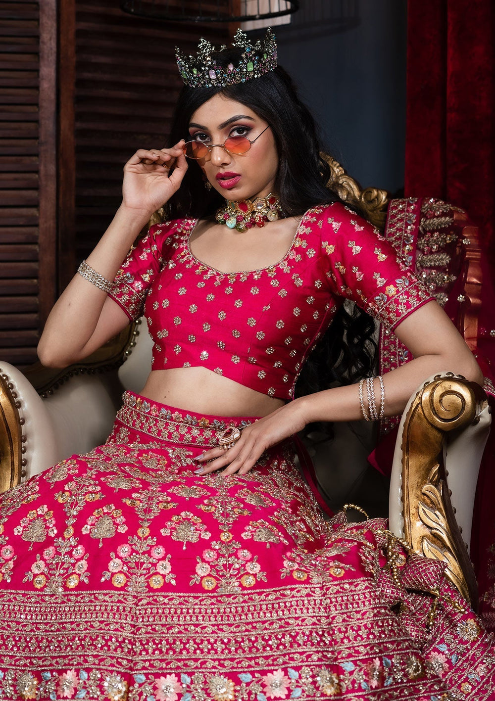 Rani Pink Stonework Raw Silk Designer Lehenga - Koskii