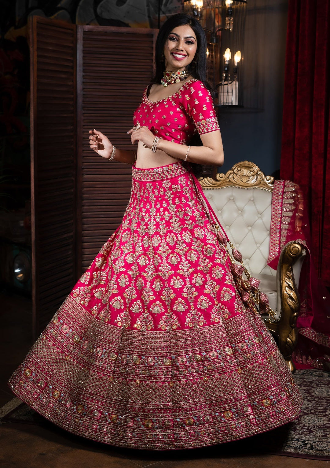 Rani Pink Stonework Raw Silk Designer Lehenga - Koskii