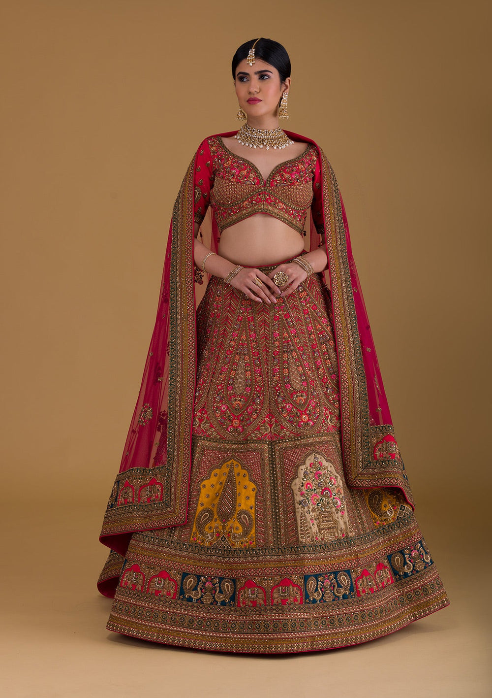 Rani Pink Stonework Raw Silk Designer Lehenga-Koskii