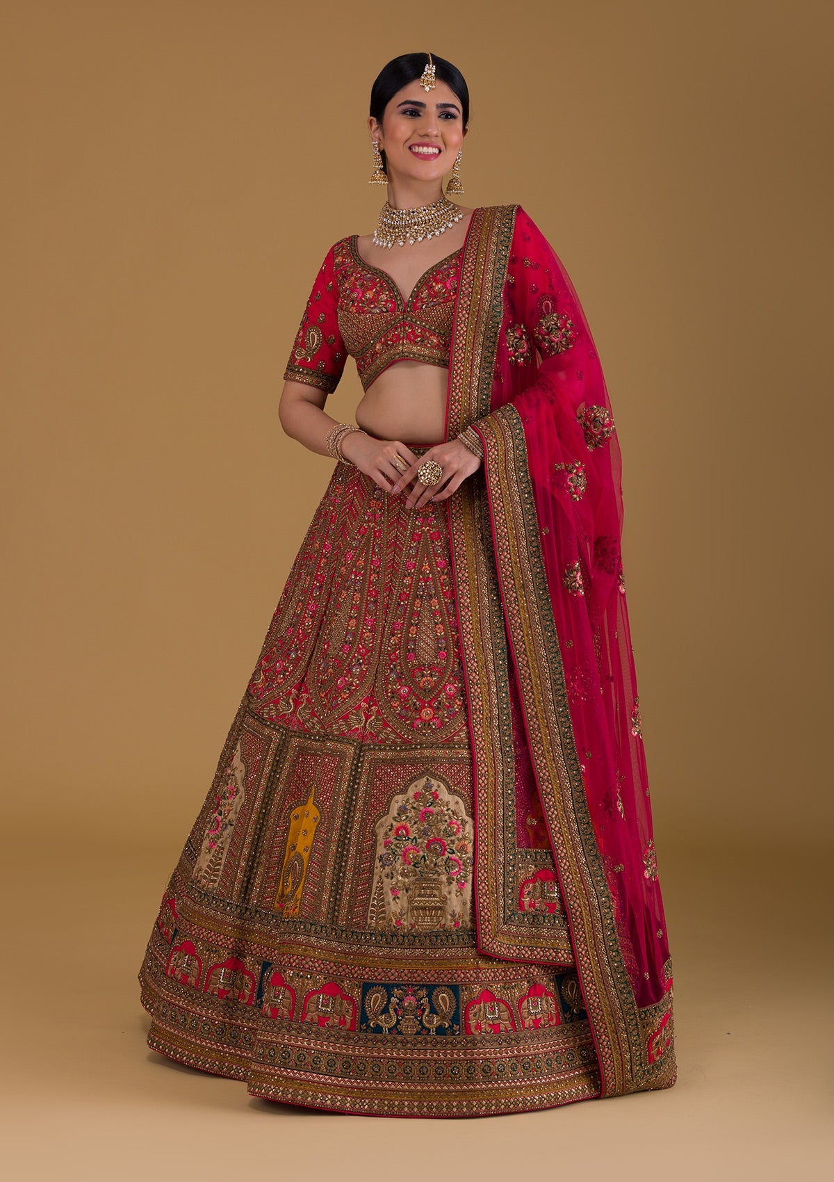 Rani Pink Stonework Raw Silk Designer Lehenga-Koskii