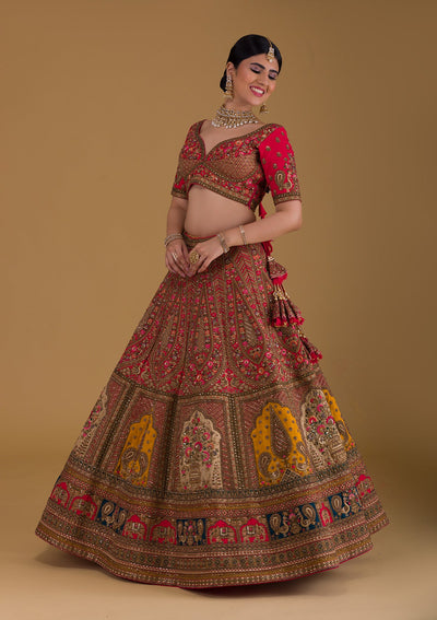 Rani Pink Stonework Raw Silk Designer Lehenga-Koskii